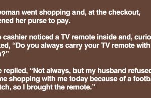 A woman went shopping and, at the checkout, opened her purse to pay