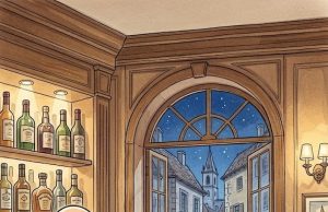 An elderly lady walks up to the bar