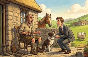 A Scottish Farmer Is Sitting On His Front Porch.