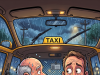 A priest is taking a cab home from church