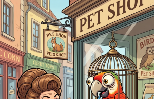 A lady is walking down the street to work and see’s a parrot in a pet store.